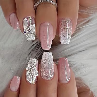 Lot de 24 faux ongles à coller, rose et blanc, style French manucure, effet miroir, effet papillon et paillettes, en acrylique
