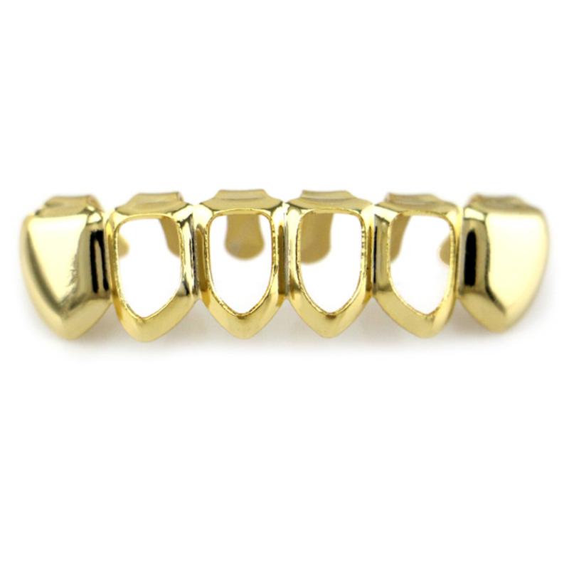 hot! Gold Electroplating Fashionable Hollow-out Teeth Grillz Set Teeth Socket Shiny False Teeth for