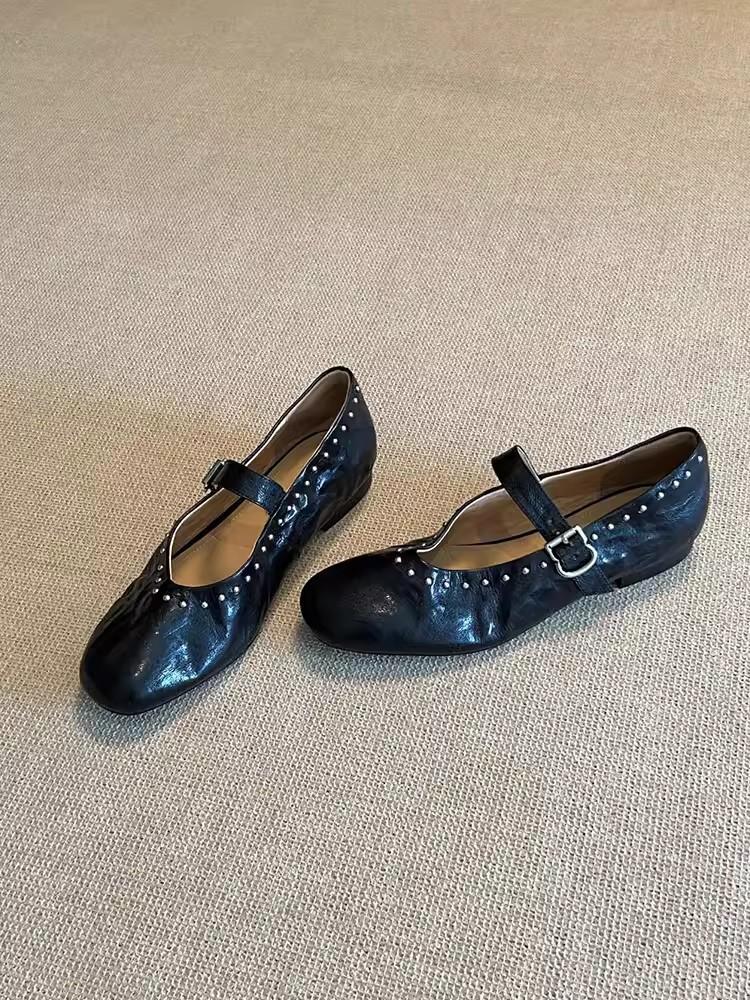 Sheepskin Version~ Retro Leather Round Head Shallow Mouth Mary Jane Shoes Women's Versatile Flat Bottom Rivets One Word with Commuter Shoes