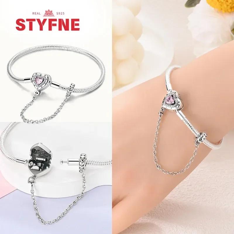 925 Silver Pink Heart Bracelet Shiny Zircon Fit Charms Silver 925 Bracelet DIY Jewelry Making Fine Gifts for Women