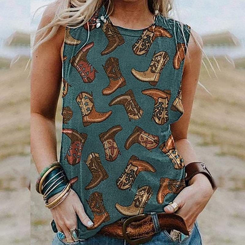 Lady Western-style printed short-sleeved T-shirt, Western style, sleeveless round-neck women's T-shirt