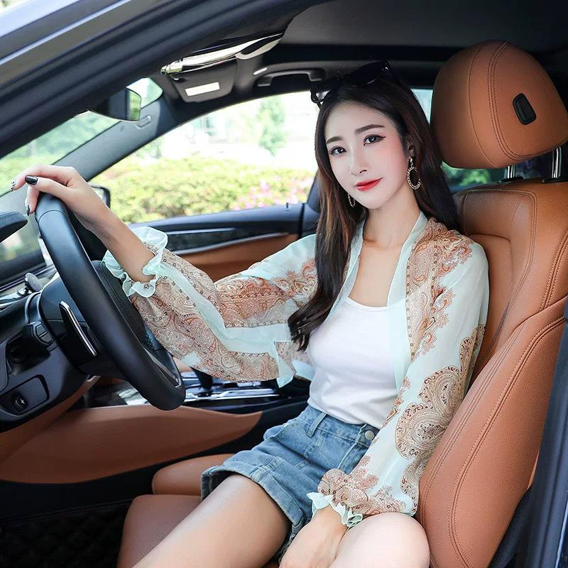 Cashew Print Chiffon Cycling Shawl with Sun Protection Sleeves - Fashionable Long Sleeve Scarf