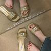 Women Slippers Fashion Square Toe Slippers Beach Flat Sandals Metal Decoration Casual Shoes Home Slides Women Zapatos De Mujer