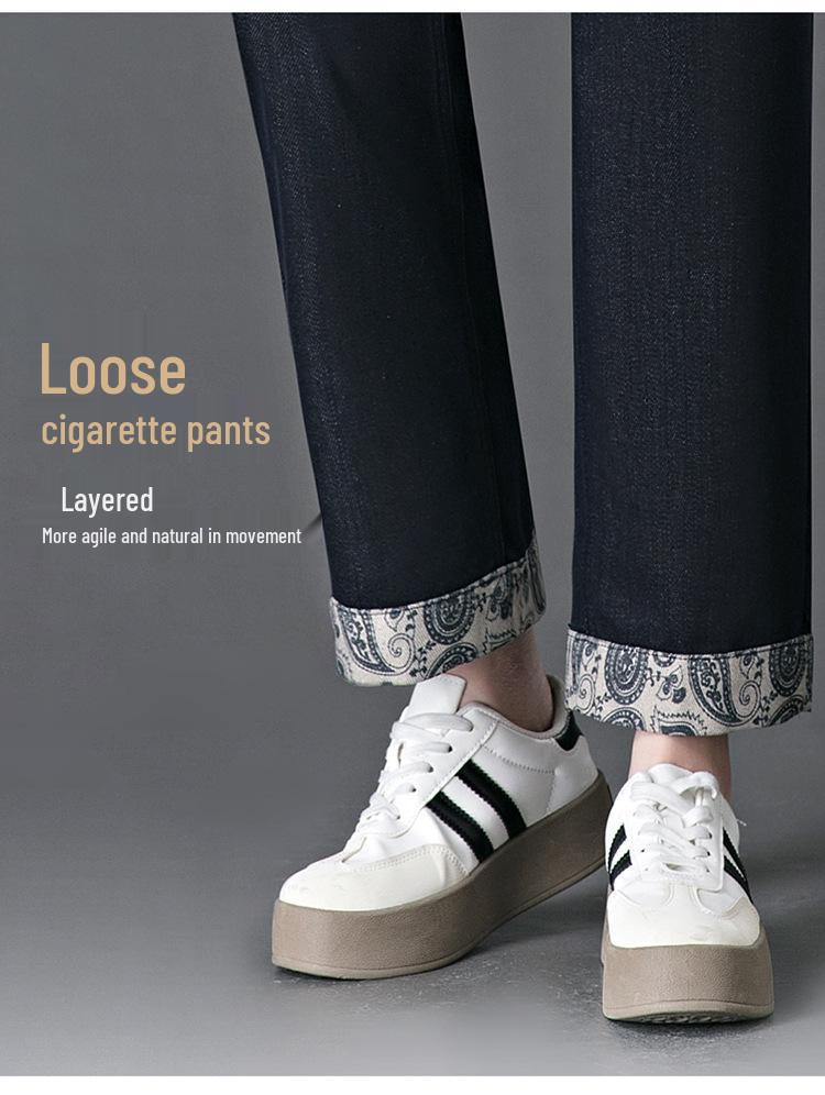 Autumn 2025 Women's High Waist Denim Blue Slim Wide-Leg Jeans with Draped Folded Hem