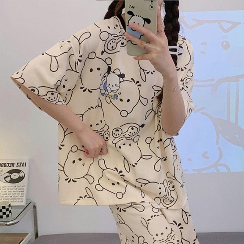 Summer Pure Cotton Pajamas Women's Pullover Sweet Casual Short-sleeved Cropped Pants Can Be Worn Outside Loungewear Student Dormitory Set