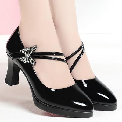 Fashion Women's High Heels Thick Sole Waterproof Platform Thick Heel Single Shoes Single Buckle Leather Shoes