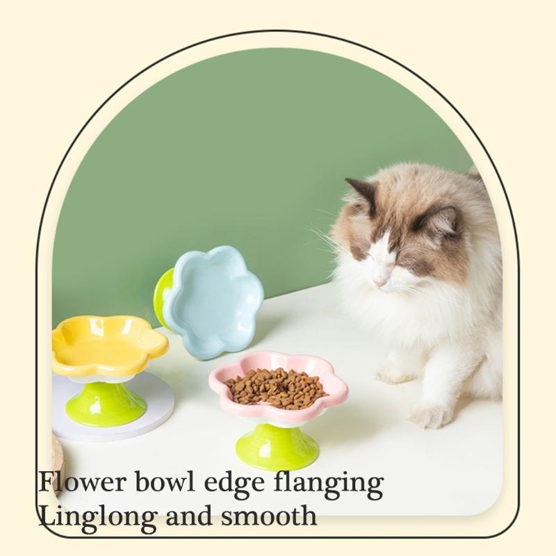 Ceramic Pet Bowl Flower Shape Cats Food Dish Nonslip Elevated Stand Feeding Plate for Neck Protections and Easy Cleaning
