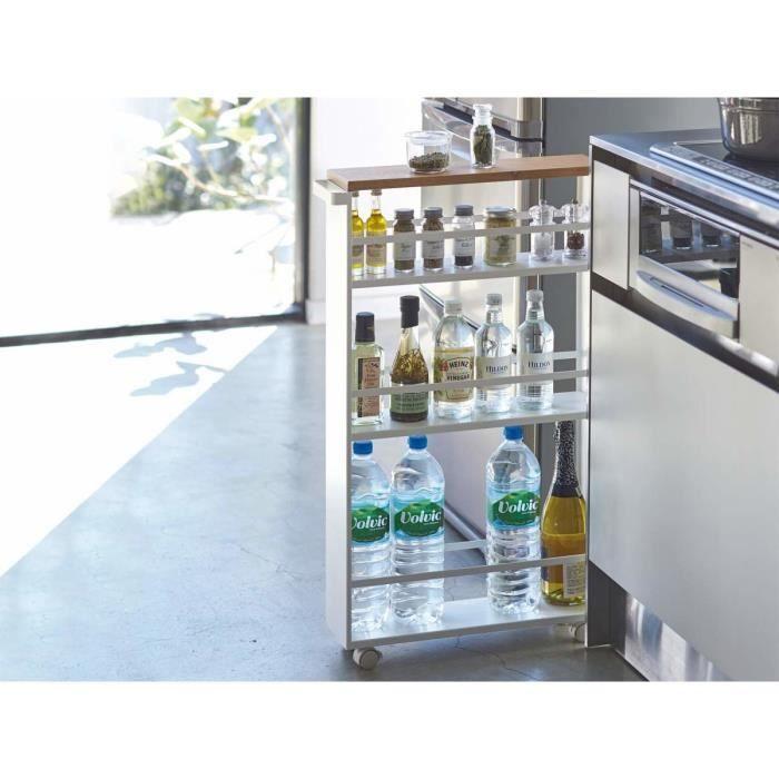 Chariot De Cuisine - YAMAZAKI - TOWER Blanc - 3 Niveaux - 4 Rôles - Étagère En Bois