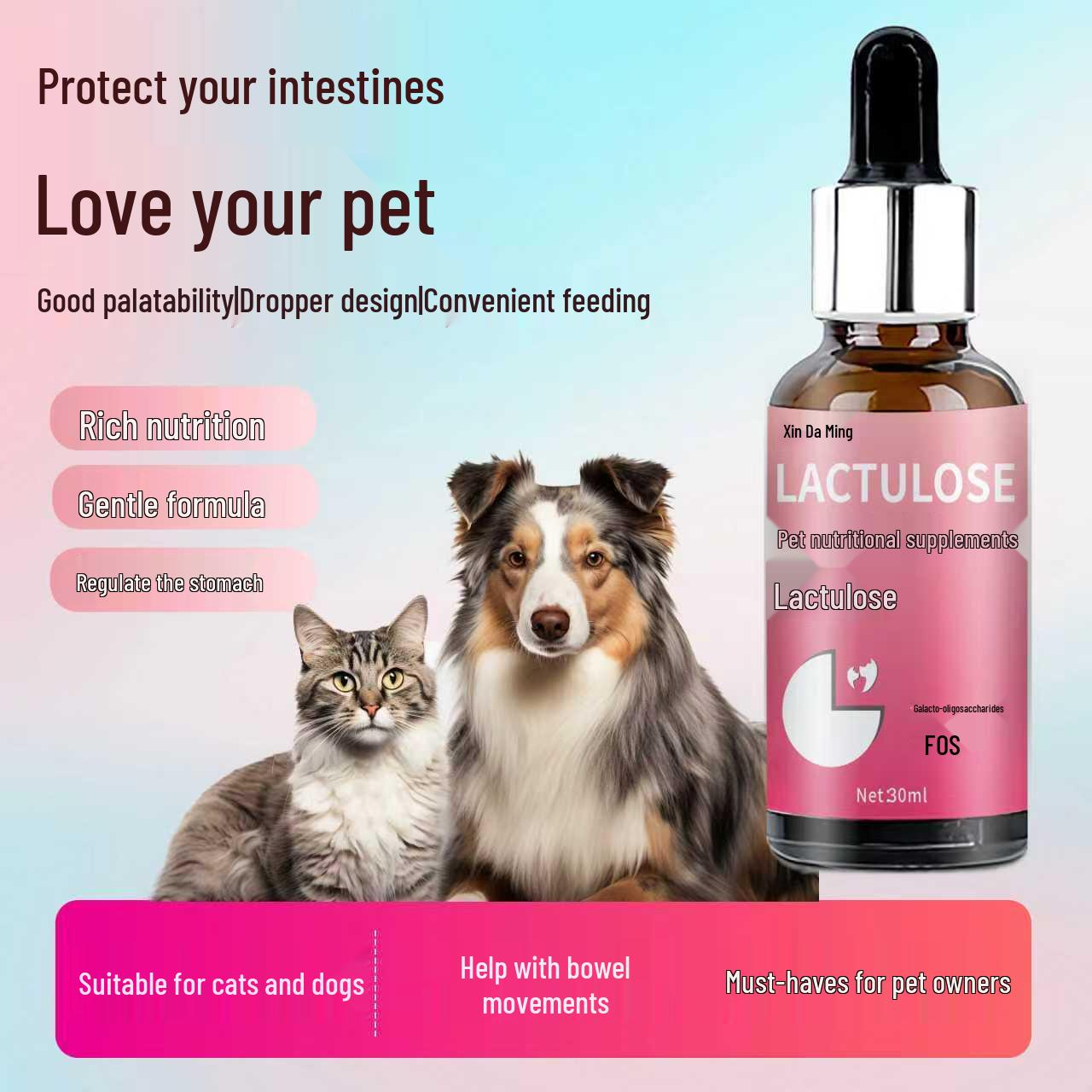 

Пищевая добавка для домашних животных при запорах и расстройствах пищеварения с фрукто- и галактоолигосахаридами для собак и кошек