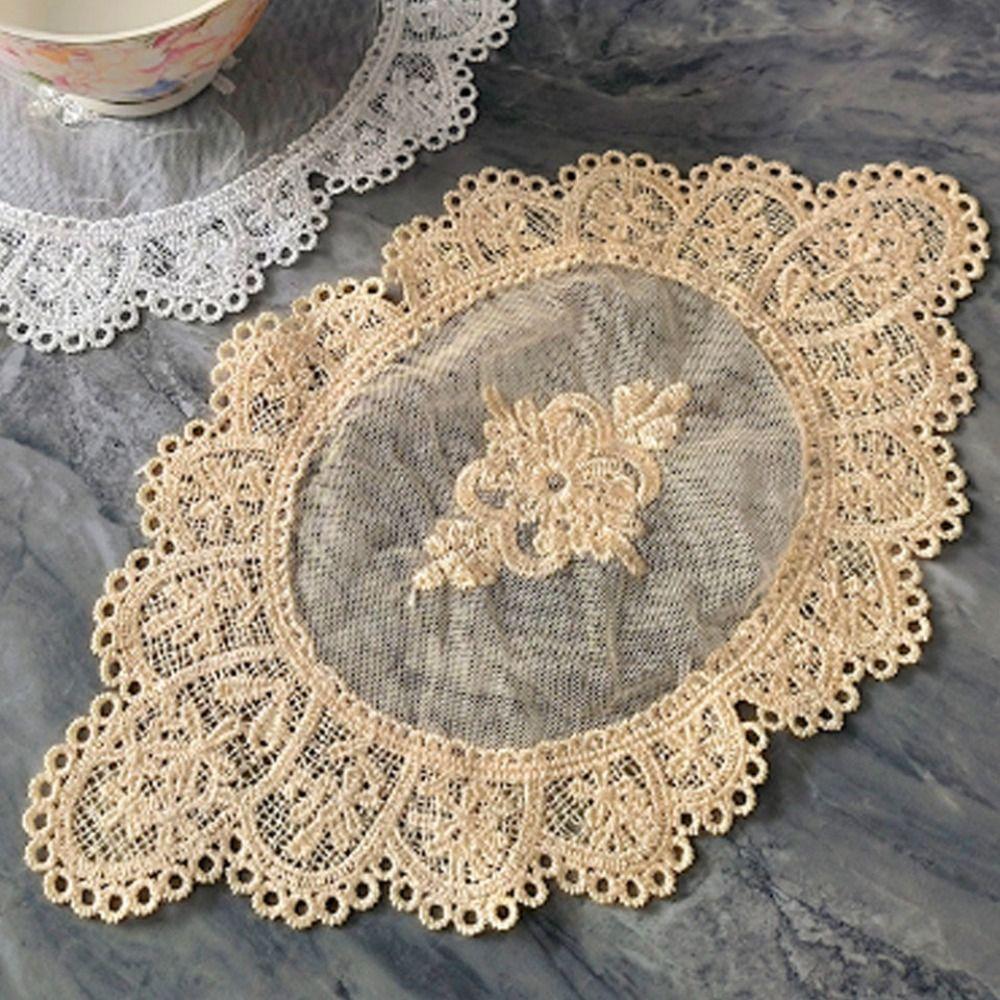 

Crochet Hollow Lace Coaster Oval Placemat Tablecloth Cup Mat Table Decoration бежевый