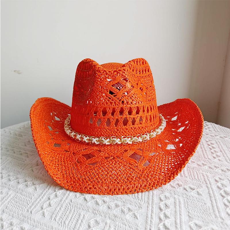 Melesh Western Cowboy Hat Summer Women's Straw Cowboy Hat Pearl Accessories Wide Brim Sun Protection Beach Western Cowboy Hat