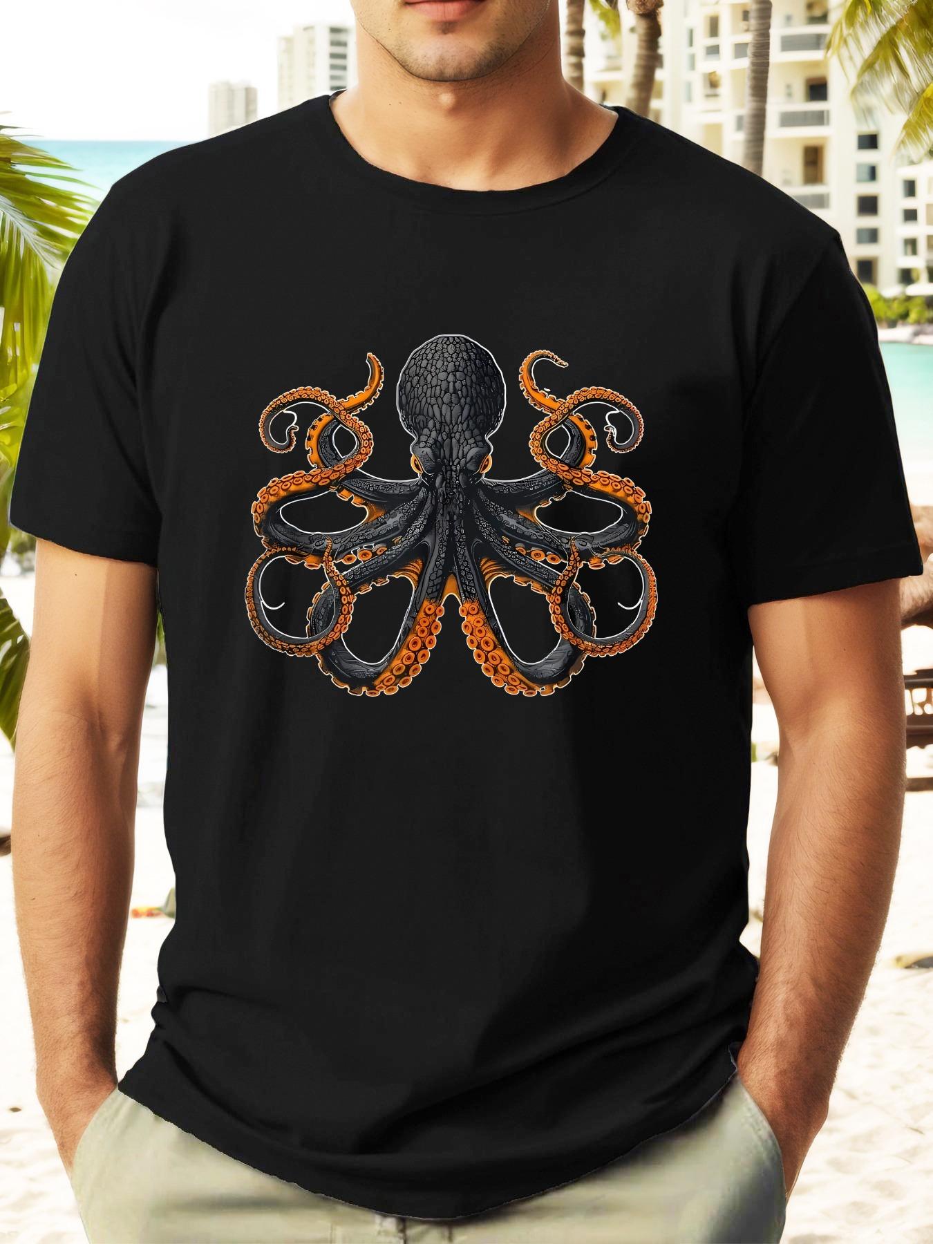 

Black Casual Short Sleeve T-shirt with Vibrant Orange & White Cartoon Octopus Graphic - Summer Round Neck Tee L