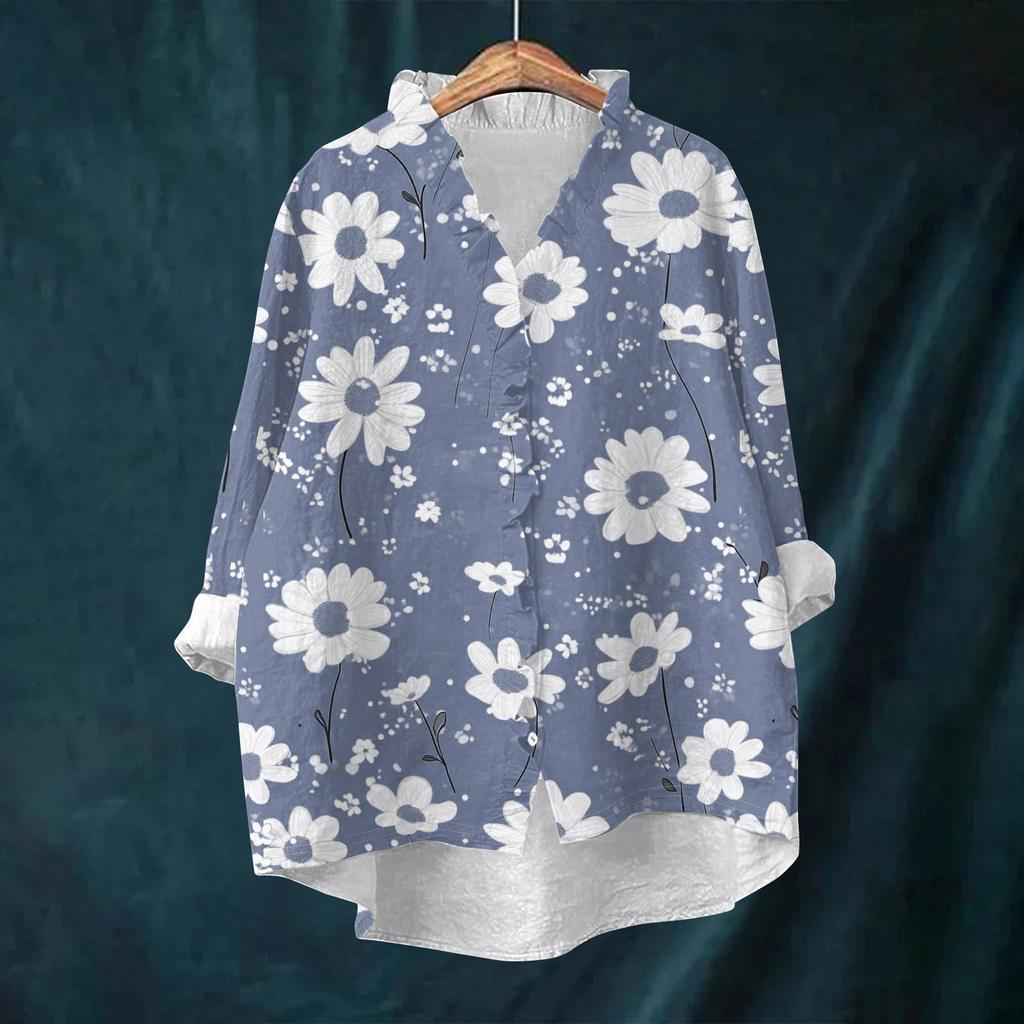 Women's Loose Ruffled Retro Floral Print Stand Collar Long Sleeve Cotton And Linen Top