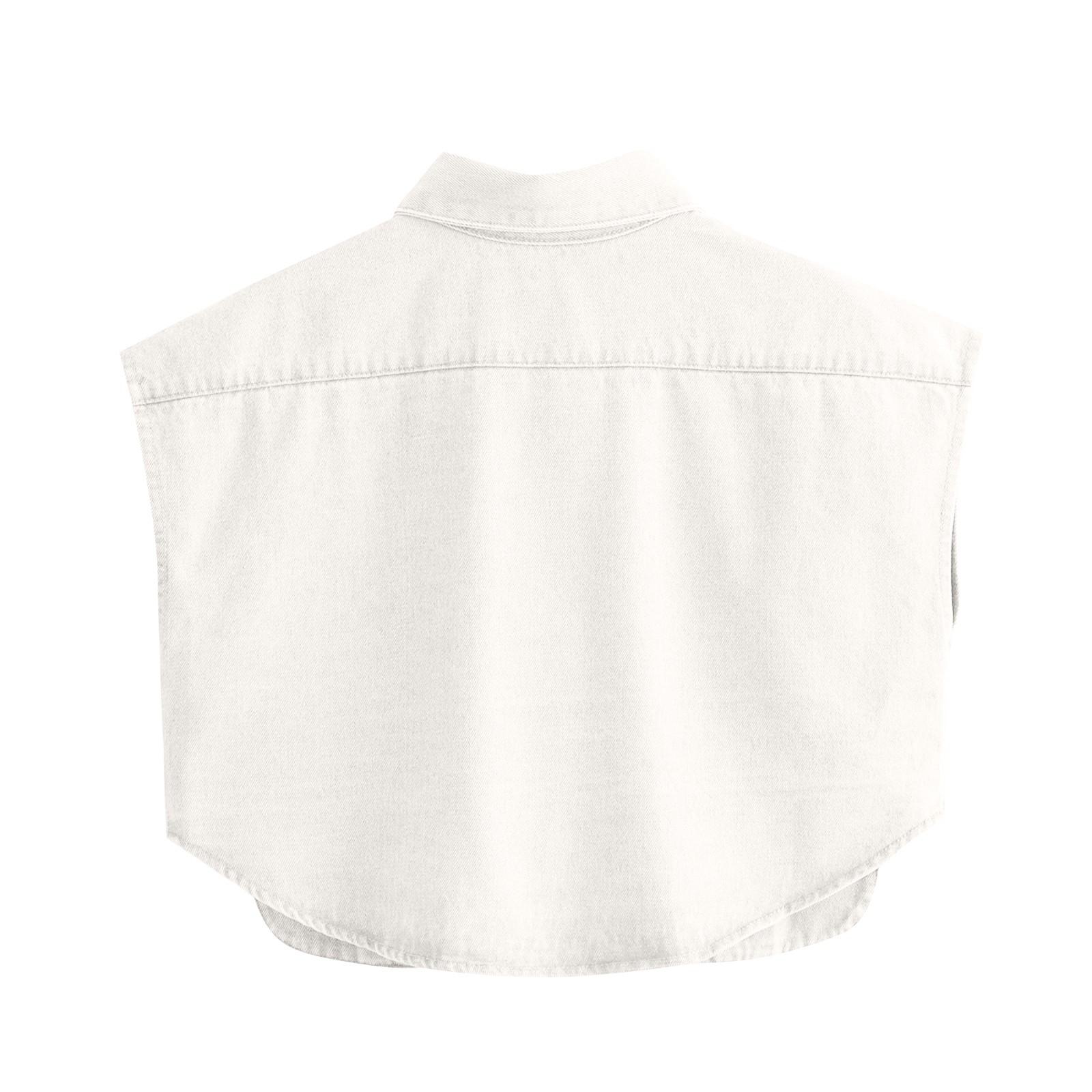 Женский однотонный кардиган без рукавов с большим карманом и джинсовым топом с лацканами — фото 5