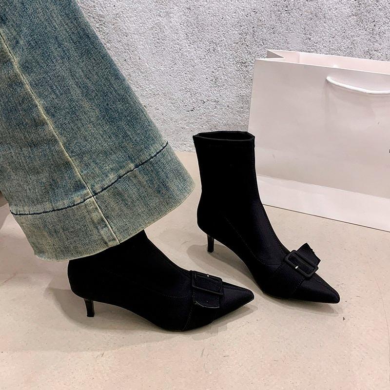 Autumn Stiletto Booties Fashion Pointed Toe Cow Suede Sleeve Anti-Slip Wear-Resistant High Heels