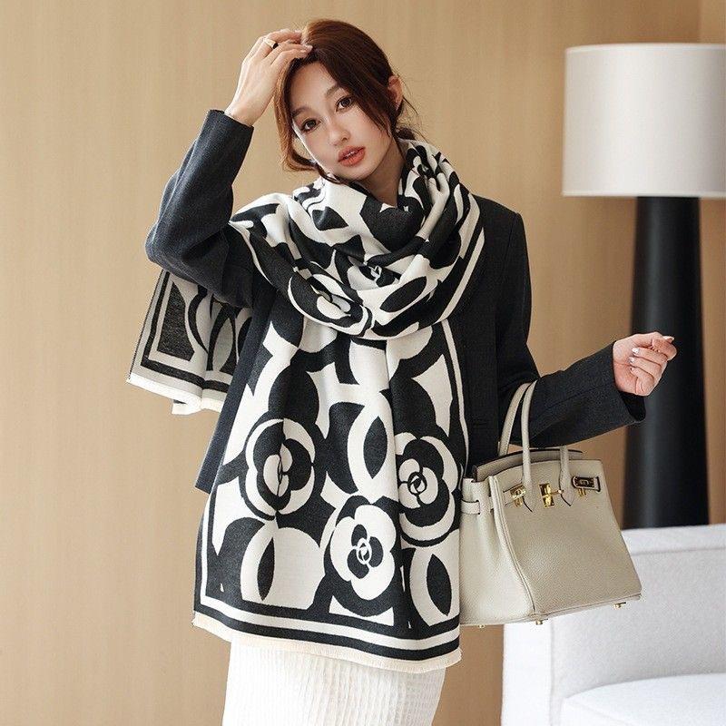 New Rose Flower Imitation Cashmere Scarf for Women in Autumn and Winter Versatile Fashionable and Stylish Thickened Warm Scarf Shawl Outer Wear