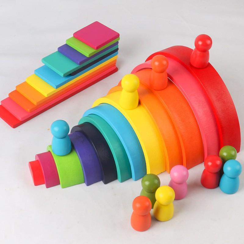 Children's Wooden 4-in-1 Rainbow Arch Bridge Stacking Blocks Early Education Toy
