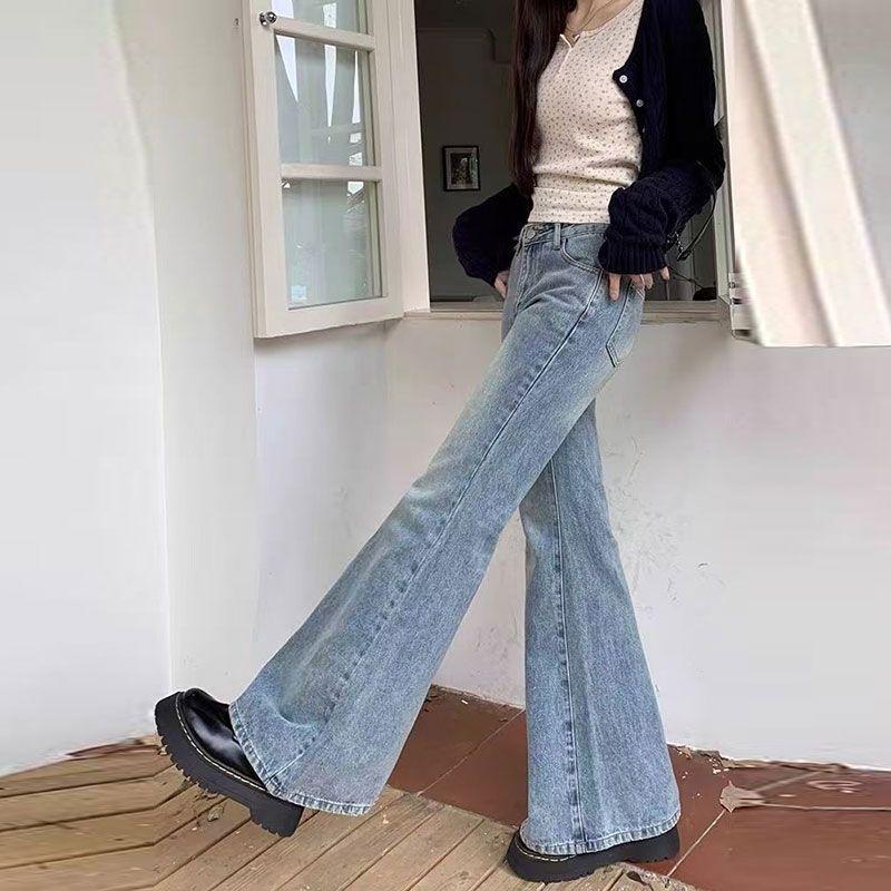 Comfortable Light Blue Micro Flare Jeans Women Spring High Waist Loose Skinny Retro Wide Leg Trailing Trousers Tide Jeans for Women Long Denim Pants
