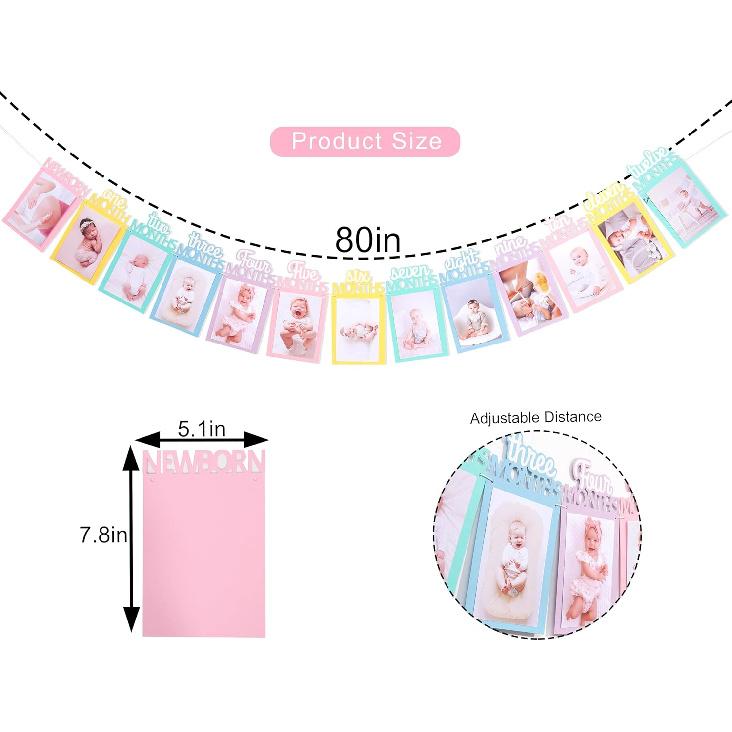 Rainbow Girls 1st Birthday Decorations - Colorful 1 To 12 Months Photo Banner,Newborn Monthly Milestone Photos,Baby Girl First Year Rainbow Themed