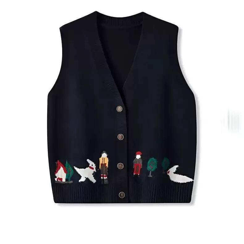 

Autumn Cartoon Jacquard Knitted Vest for Women Loose Outerwear Vest Vest Vest Vest Vest Horse Clip Layered Fashionable Shoulders XXXL темно-синього кольору