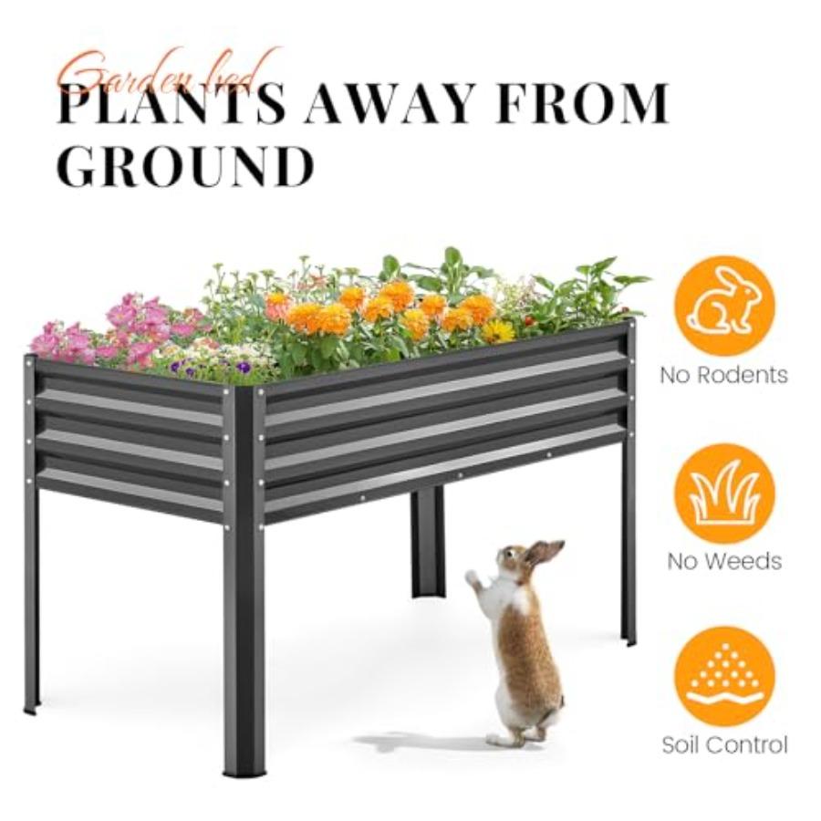 Large Raised Garden Bed with Legs Galvanized Elevated Planter Box 48×24×32 In for Backyard Patio Balcony 400lb Ccity Dark Grey