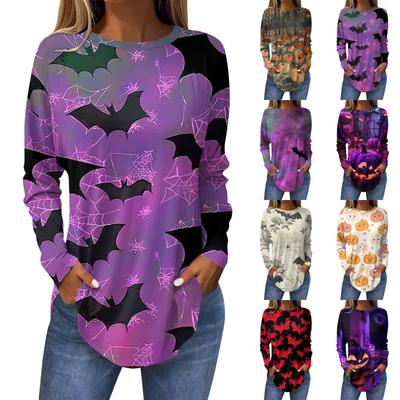 Camiseta feminina solta com estampa de gola redonda e manga comprida