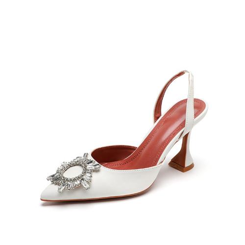 Fashion Women Rhinestone Sandals Pointed Toe Sun Buckle Stiletto Heels Slingback Block Heel Shoes