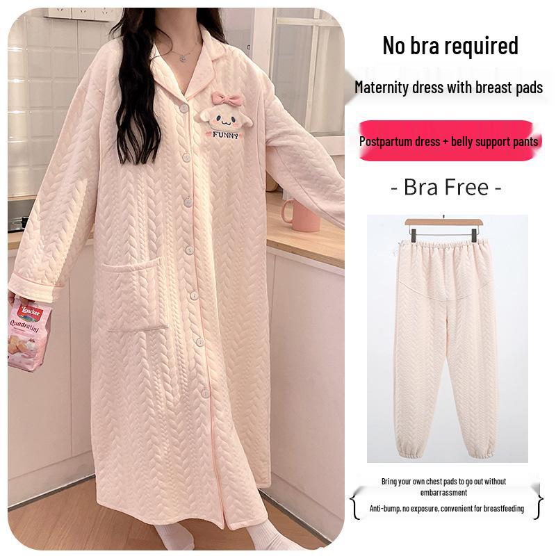 Umstandsröck und Nachthemd-Set: Stillpyjamas aus Luftbaumwolle für Frühling & Herbst nach der Geburt für den Winter, passen bis Größe 200.