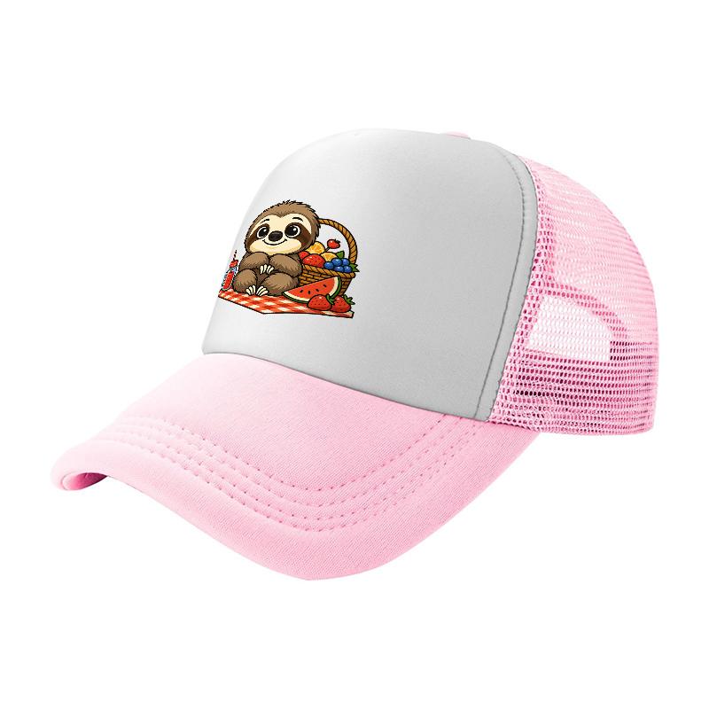 Cute Sloth Picnic Design Mesh Baseball Cap Breathable Trucker Hat for Outdoor Activities and Casual Wear