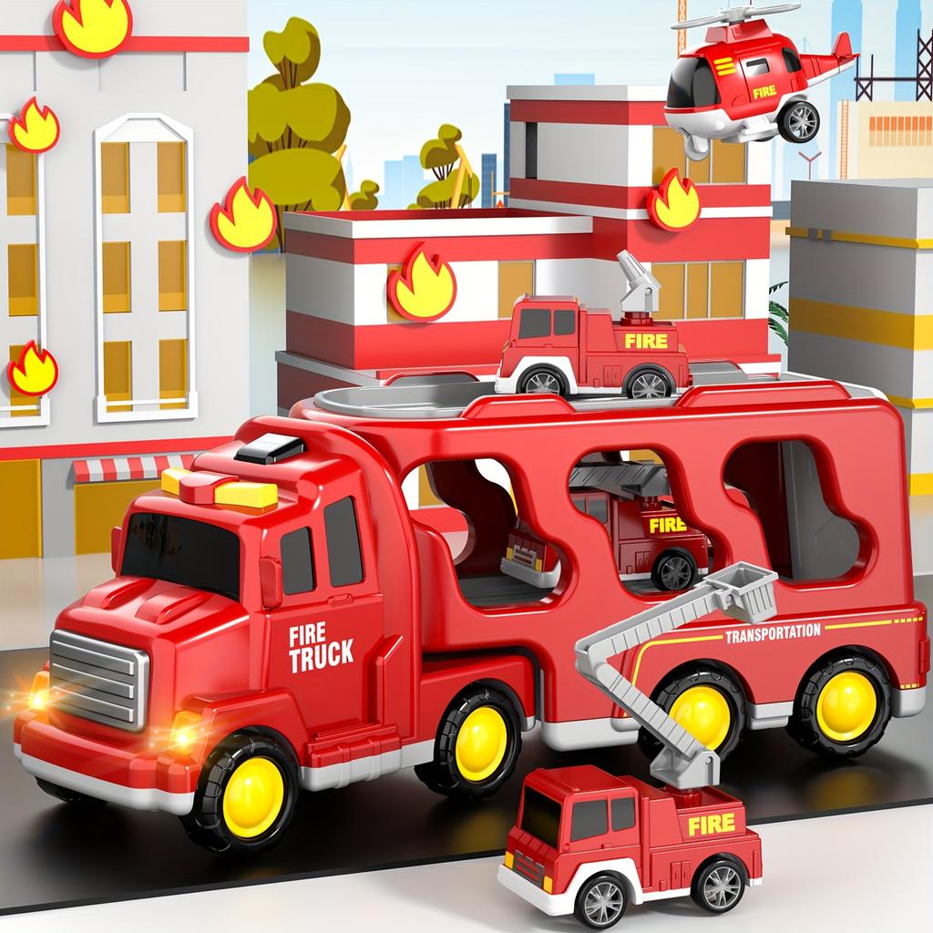 5-in-1 Fire Trucks Toddler Fire Engine Toys For Boys Girls Carrier Truck Transport Cars Christmas Birthday Best Present