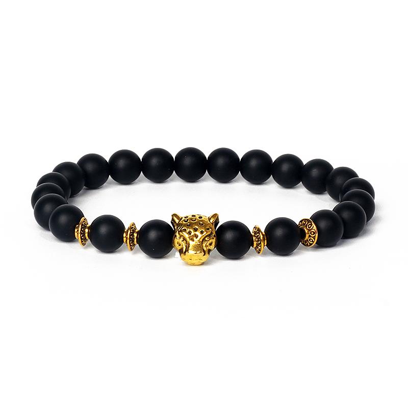 Leopard Head Beaded Bracelets for Men Women 8mm Rock Lava Stone Crown King Lion Charm Bracelet Set Natural Stone Elastic Jewelry