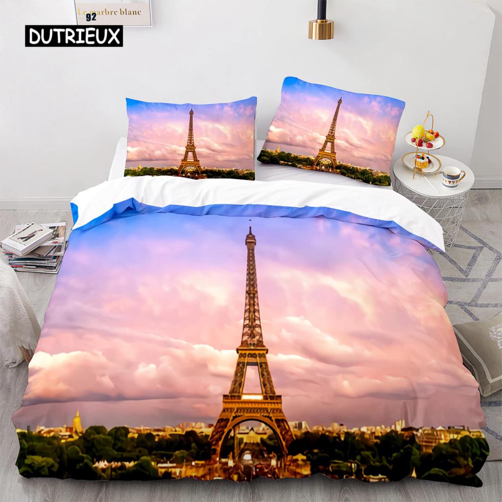 Eiffel Tower Duvet Cover Set King Size Paris Cityscape Twin Bedding Set Modern French Style Polyester Comforter Cover Boys Girls