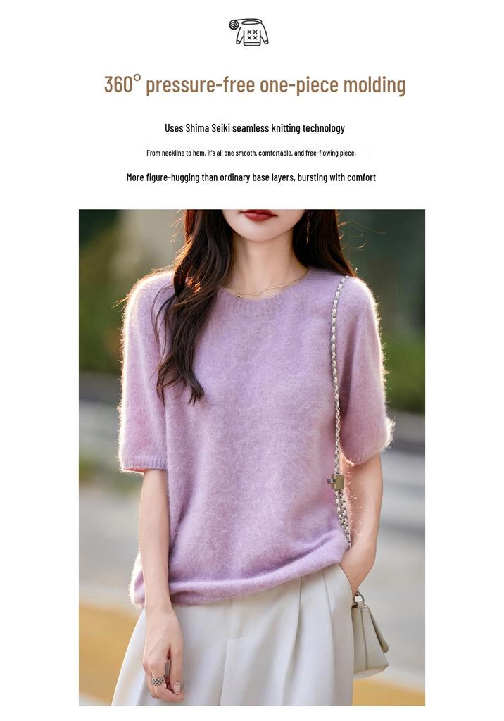 Seamless Round Neck Fleece Wool Half-Sleeve Women's Knit Top Sweater for Autumn/Winter