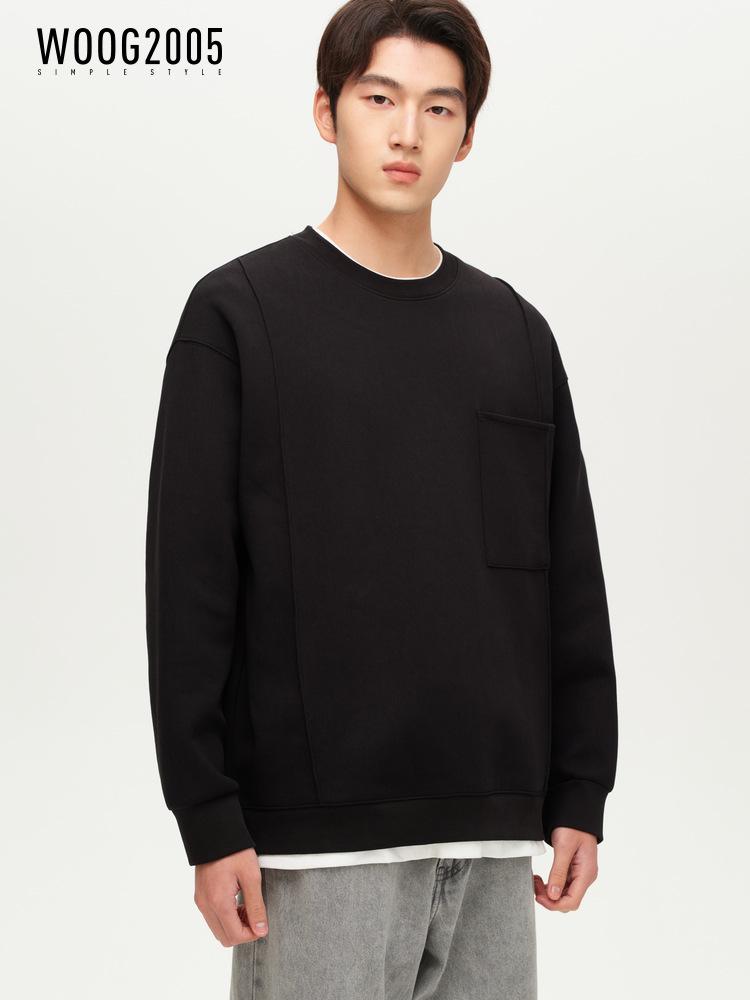 Men's Black Fleece-Lined Faux Two-Piece Round Neck Hoodie - 2025 Autumn/Winter Loose Pullover Top
