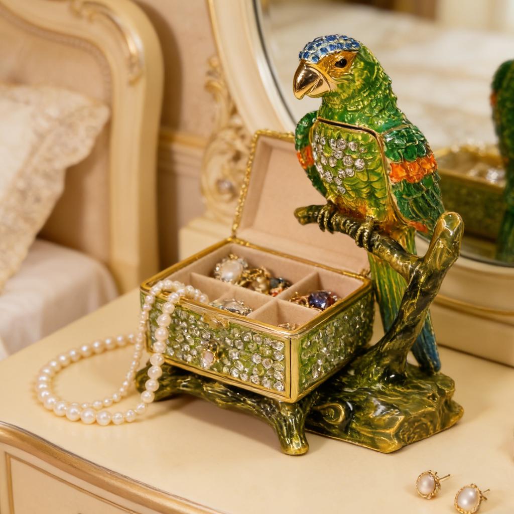 Vintage Styles Parrots Jewelry Case With Colorful Enameled Finish And Portable Desktop Size
