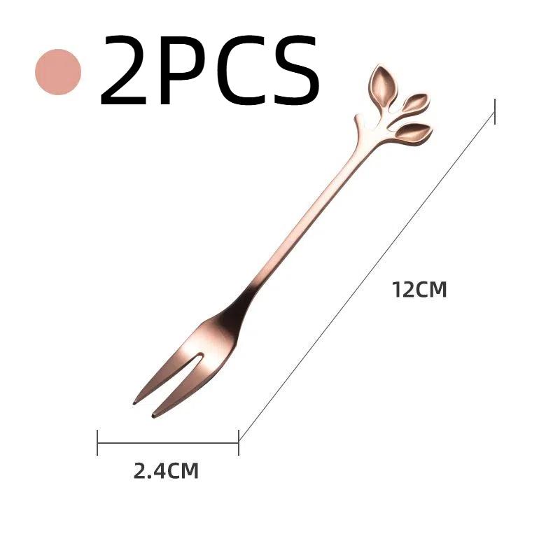 HANYANG Obstgabel aus Edelstahl, goldene Blätter, kreativer Gabellöffel aus Edelstahl, bunter Kaffeerührlöffel