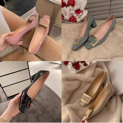 Cowhide Version~ Classic, Elegant, Light Mouth Temperament, Square Head, Thin and Versatile, Thick Heel, Square Buckle, Single Shoes for Women