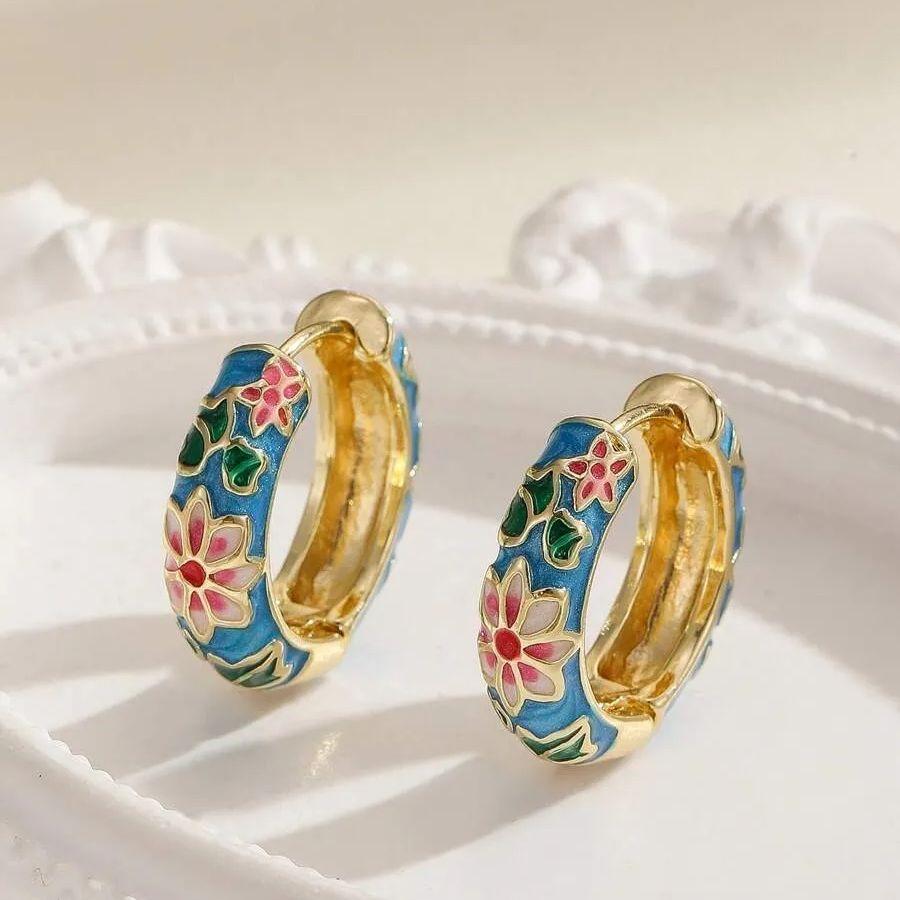 Bohemian Enamel Floral Hoop Earrings Intricate Hand Painted Flower Patterns Multiple Color Options Women's Party Daily Fashion