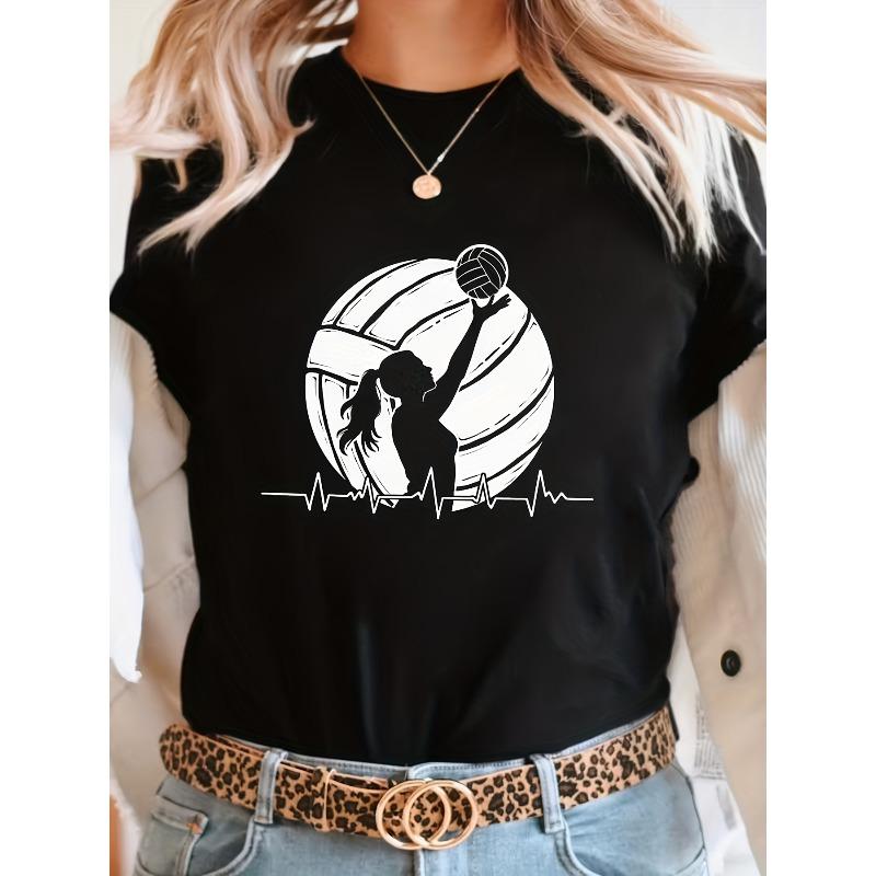 

Women s Volleyball Heartbeat Graphic Tee Black Crew Neck Short Sleeve Casual Summer Top S чёрный