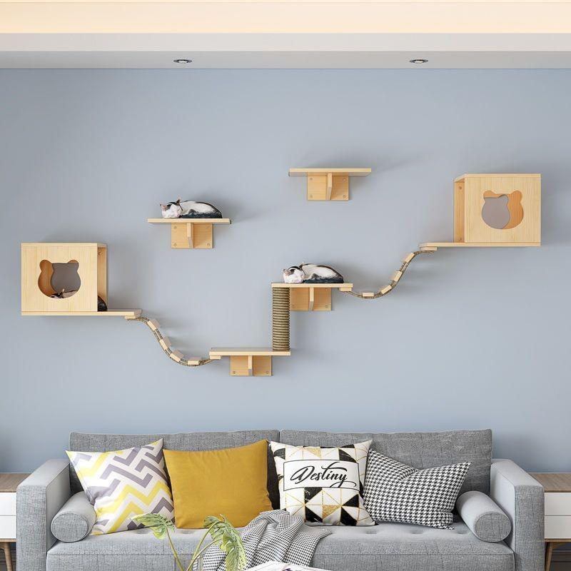In Stock Wall-Mounted Solid Wood Cat Climbing Frame, Cat Tree, and Scratching Post