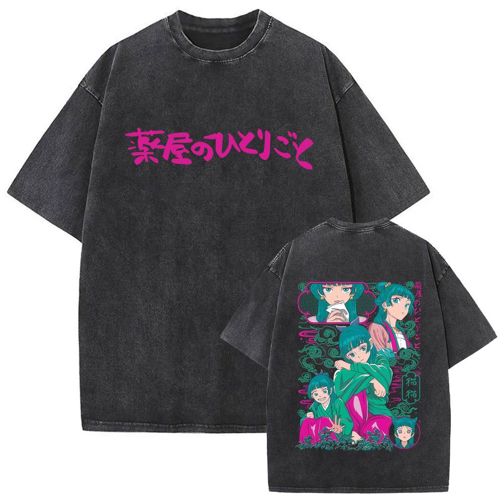 Gewaschenes Vintage Japanischer Anime The Apothecary Diaries Maomao Doppelseitiger Druck T-Shirt Herren Damen Freizeit Kawaii Lustige T-Shirts