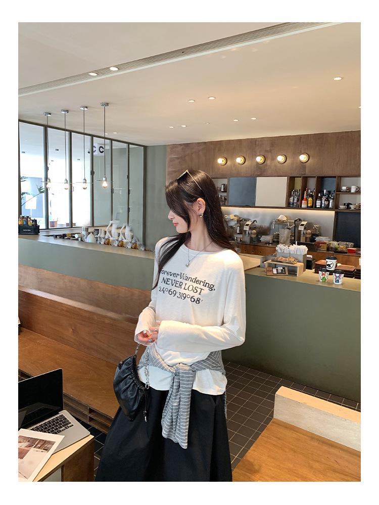 Women's European Style Long Sleeve Loose-Fit Letter Print T-Shirt, American Retro Slim Base Layer