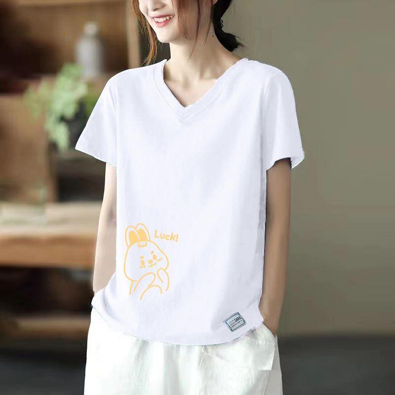 

Brand Discount Counter Export Clearance Women s Clothes Summer New Arrival Loose-Fitting Pure Cotton T-shirt Short Sleeve V-neck plus Size T-shirt White cute rabbit] 2XL