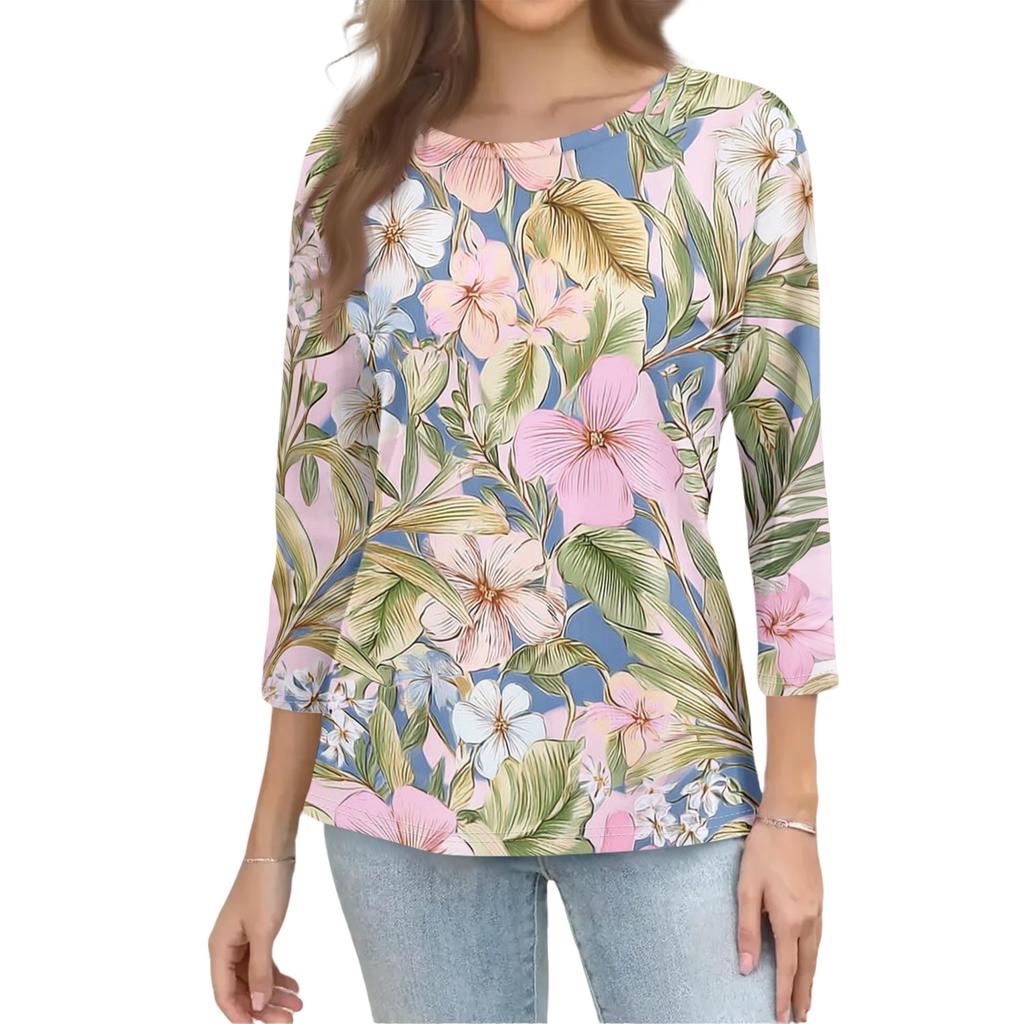 Women's Fashionable Casual Round Neck Three-Quarter Sleeve Printed T-Shirt Top