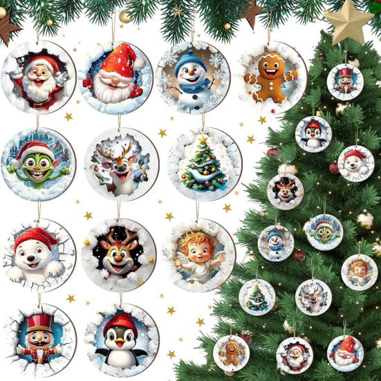 Christmas Wooden Ornaments Cute Snowman Santa Reindeer Penguin Christmas Tree