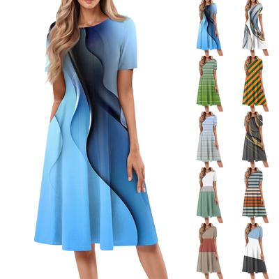 Kadın Günlük Moda Yuvarlak Yaka Kısa Kollu Baskılı Midi Elbise