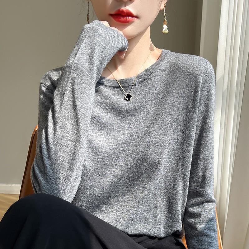 2026 Fall Thin Wool Blend Knit Sweater Round Neck Long Sleeve Loose Slim Fit Basic Top Women