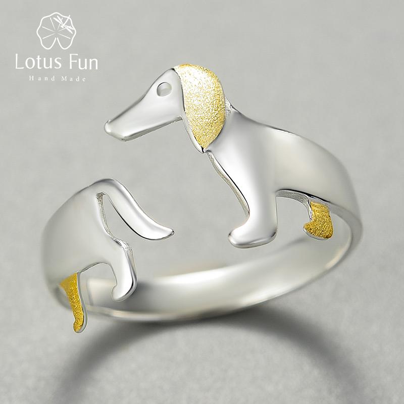 

Lotus Fun, стерлинговое серебро 925 пробы, милые регулируемые кольца для собак таксы для женщин, оригинальные модные украшения, женский подарок