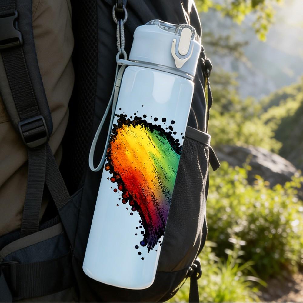 1PC Rainbow Gradient Heart Art 750ml Color Plastic Sports Water Bottle Leakproof Flip Straw Lid Suitable for Sports Office Home Use