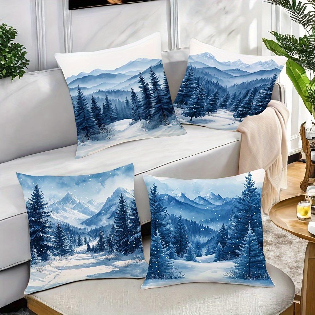 4pcs, Winter Pillowcase, Mountain Forest Snow Landscape Printed Cushion Cover, Watercolor Style, Single Side Printing, Washable Zipper Closure, Suitab